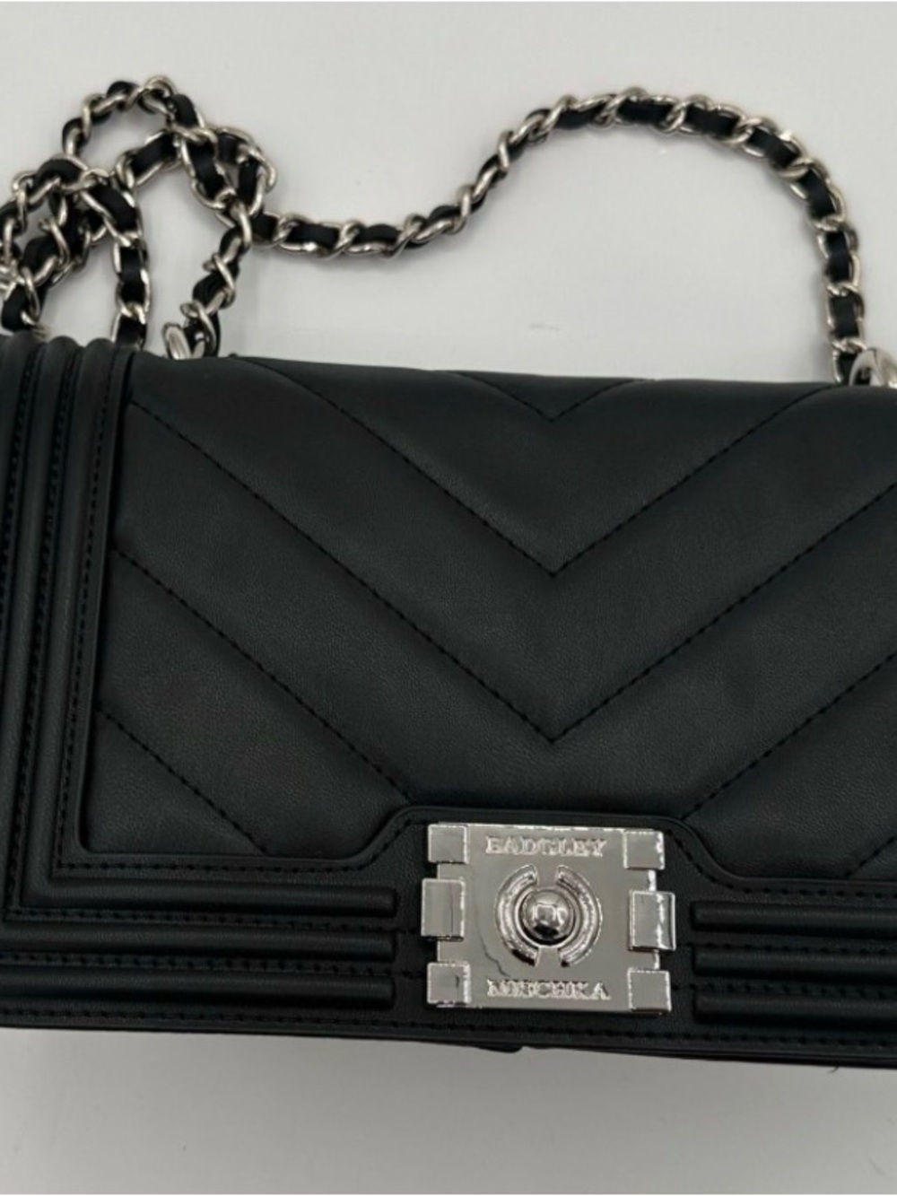Badgley Mischka Black Quilted Crossbody with Silver Chain
